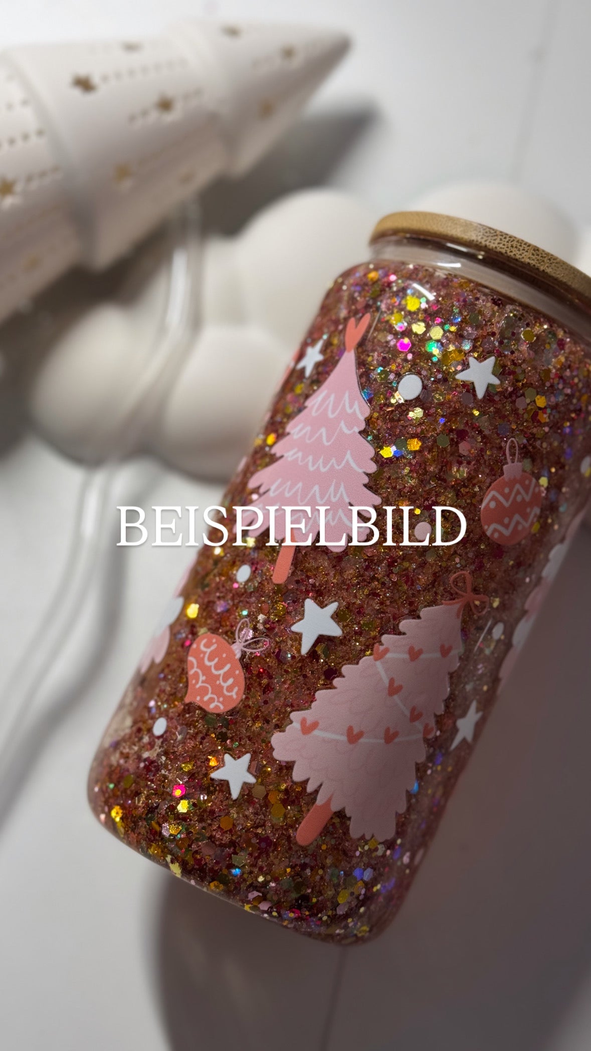 Glitzer - snow globe Trinkbecher aus Glas mit Bambusdeckel und Strohhalm