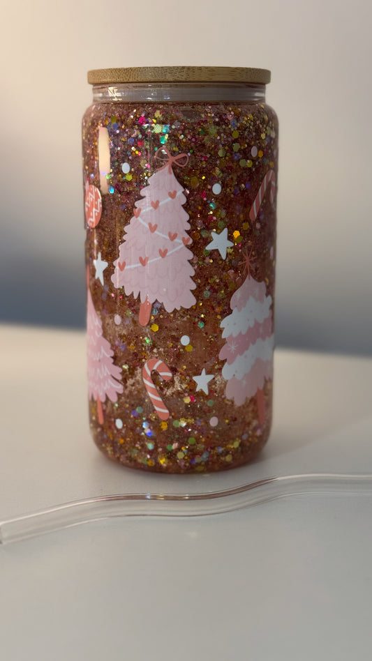 Rosa Tannenbäume Glitzer Snow globe aus Glas - fertiges Trinkglas
