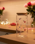 Glas mit Bambusdeckel - Hearts rot x rosa